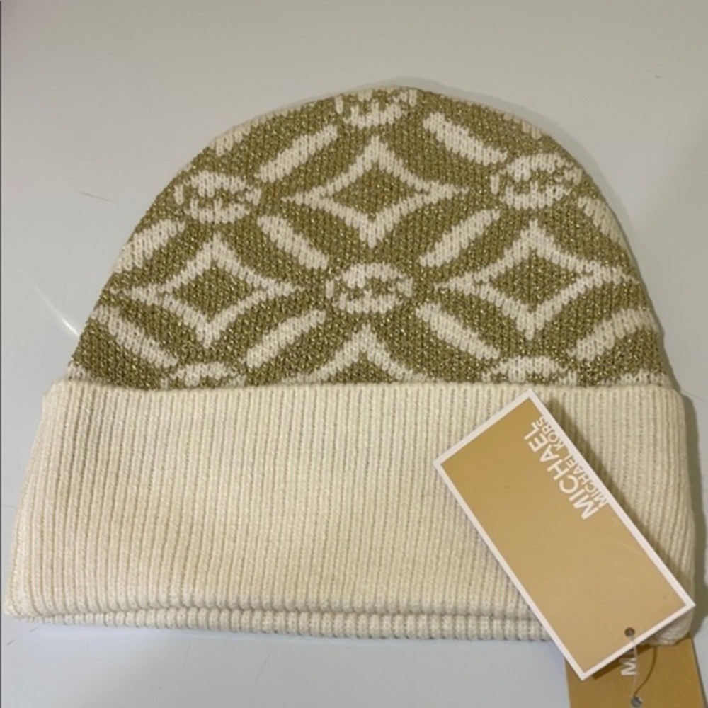 Michael Kors Bone/Gold Acrylic Knit Beanie Hat Women’s One Size Logo Geometric